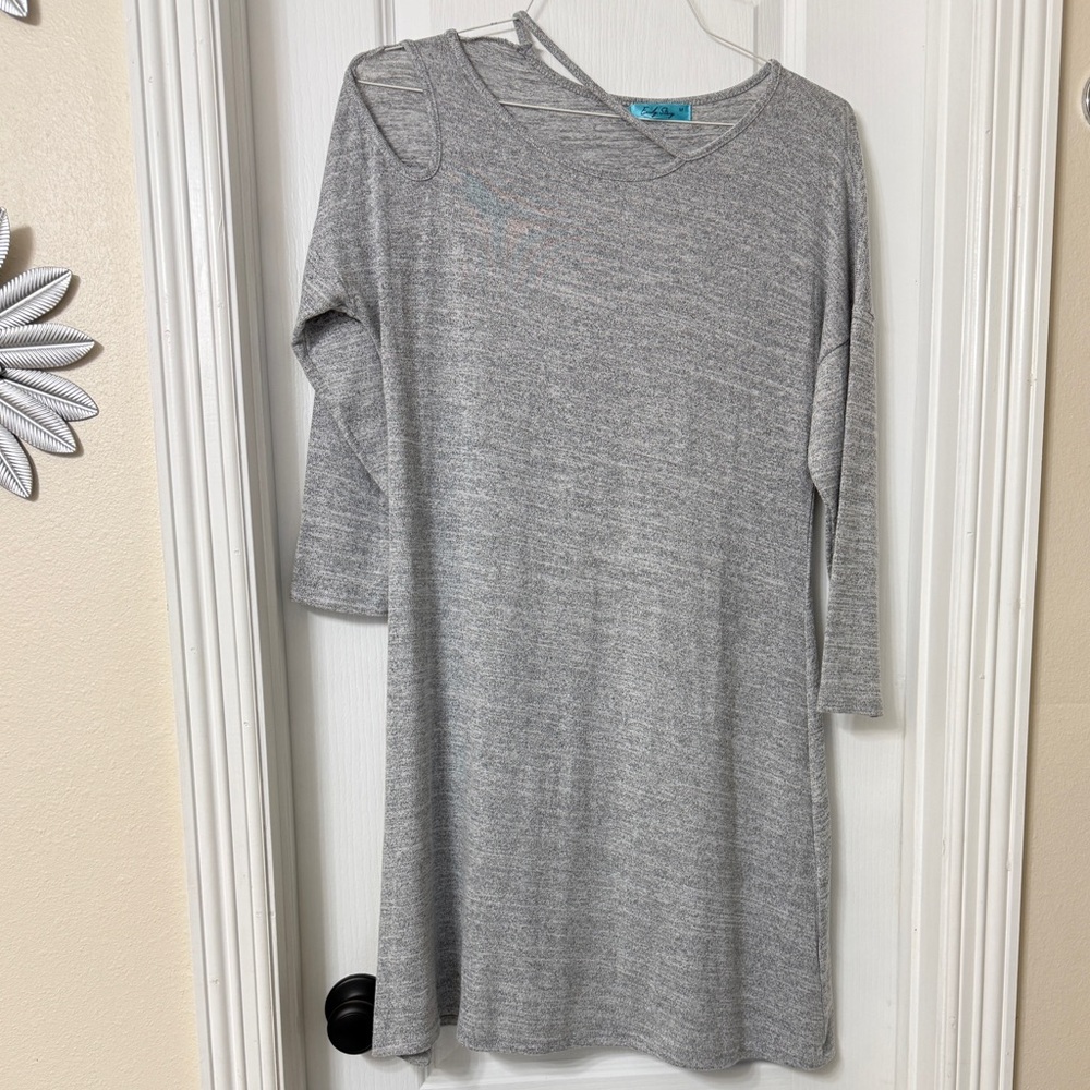Emily Stacy heather gray dress asymmetrical cutout neckline 3/4 sleeve Size M